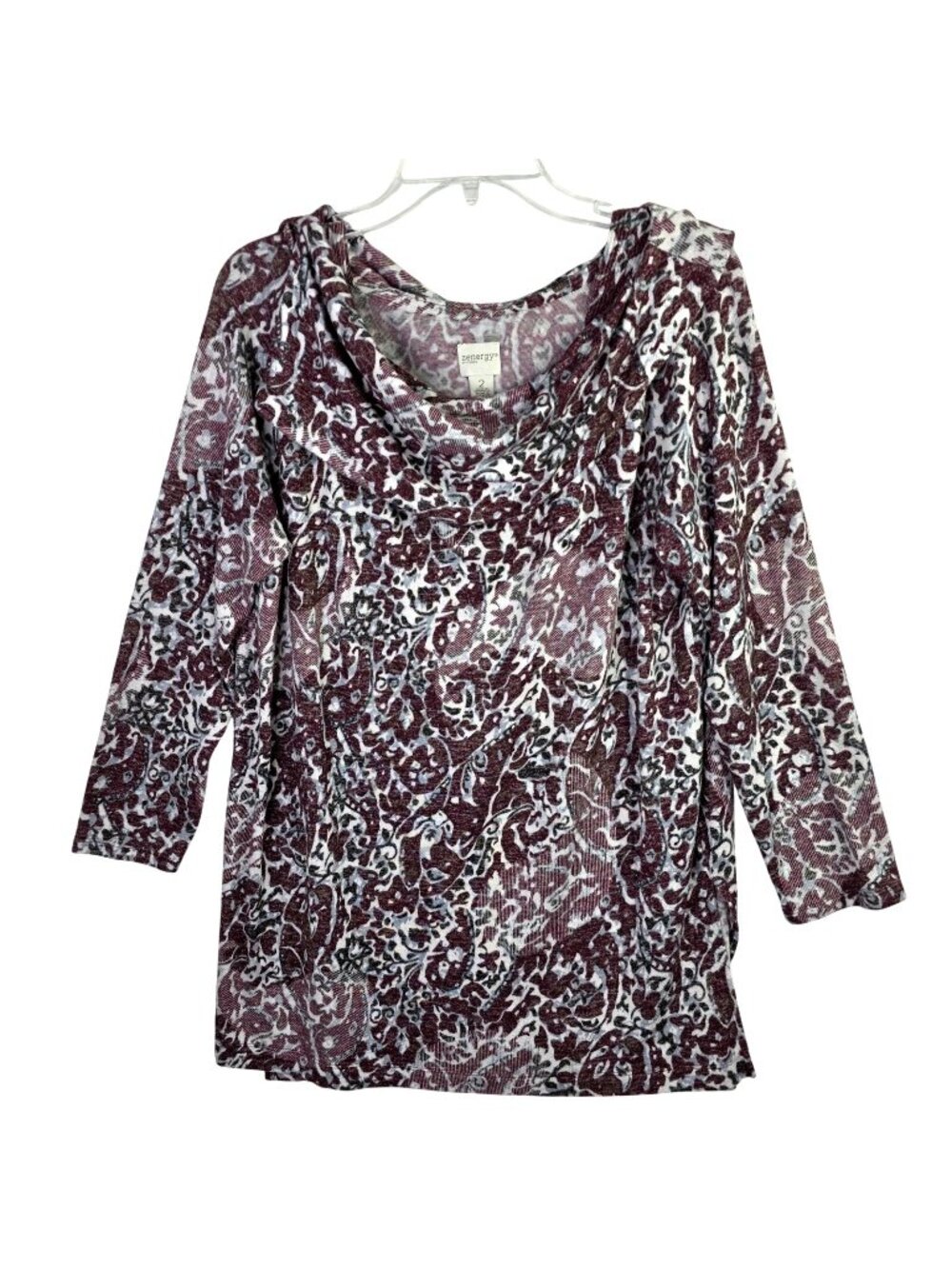 Chicos Zenergy Tunic Top Womens Large 2 Burgundy Paisley Cowl Boho Office Travel
